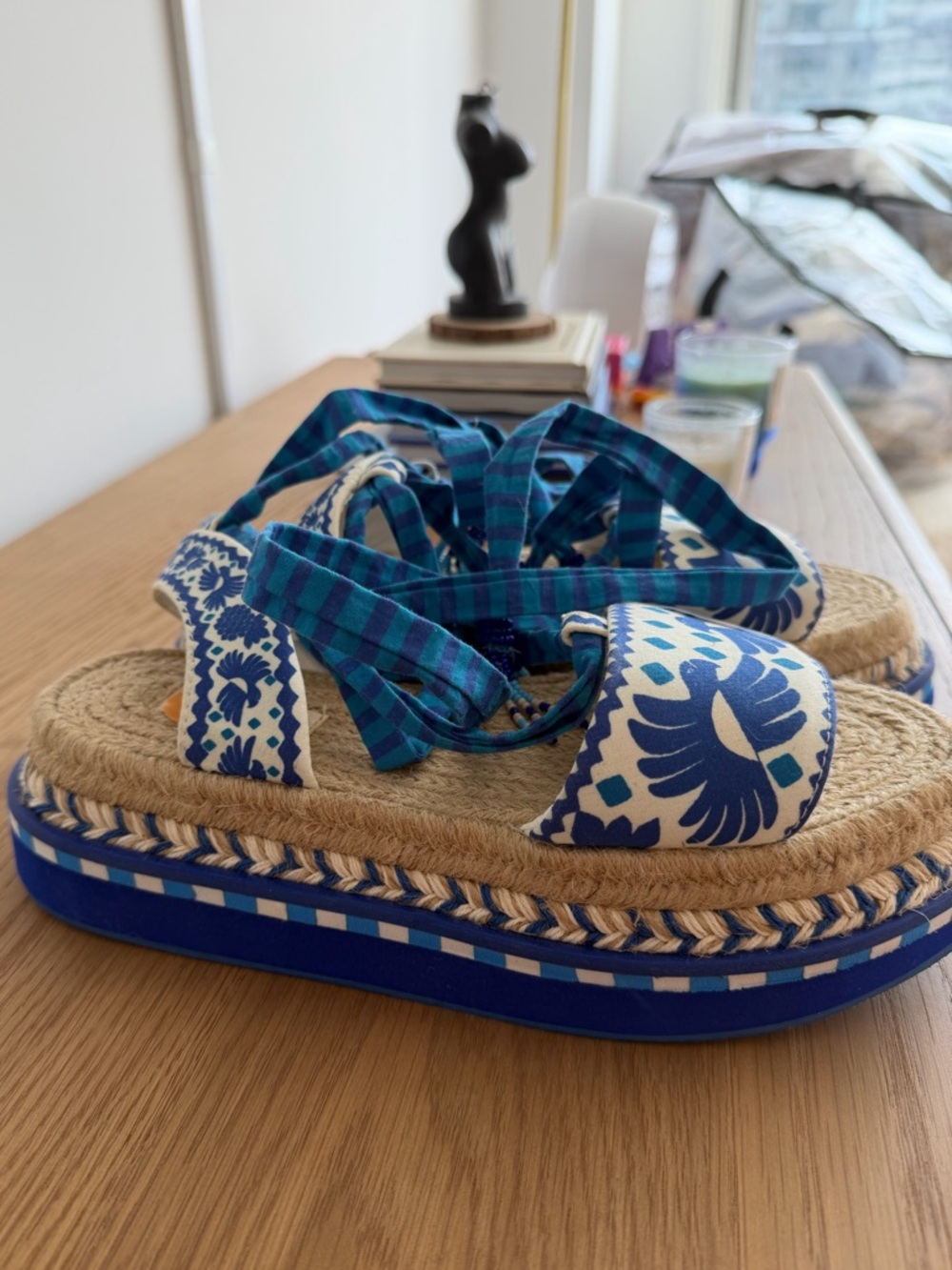 FARM Rio Blue White Patterned Espadrille Platform Sandals